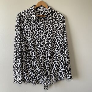 Susan Graver Tie Front Button Down Shirt 16 Stretch  Animal Print Cheetah Chic